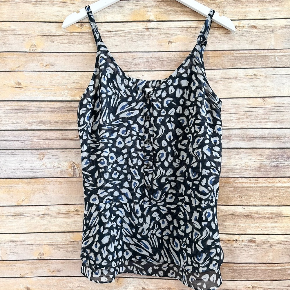 CAbi Purr Cami Blouse Women’s Size Small Animal Print Layered Peplum Style 5362